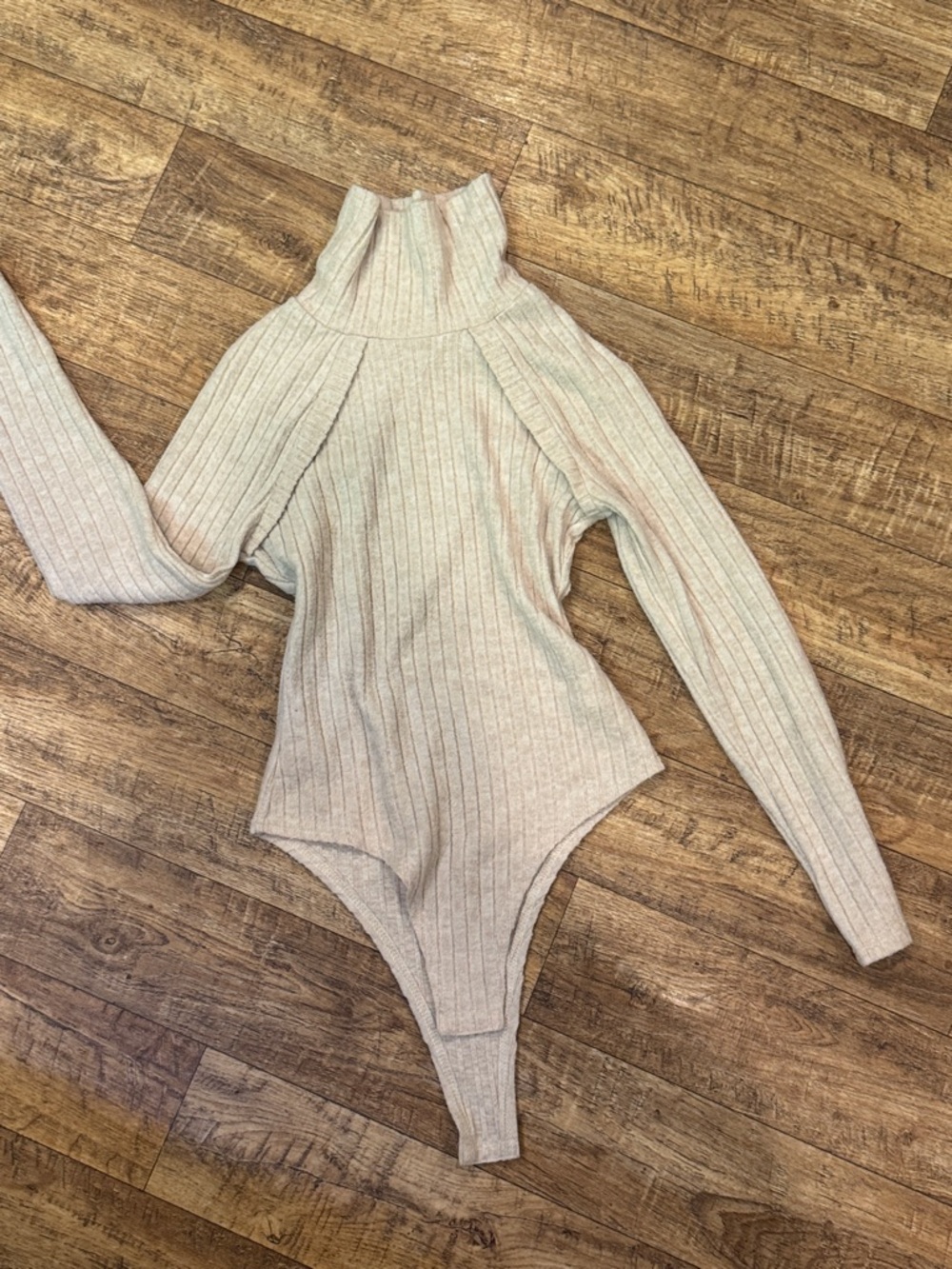 SHEIN Cream Ribbed Mock Neck Long Sleeve Bodysuit